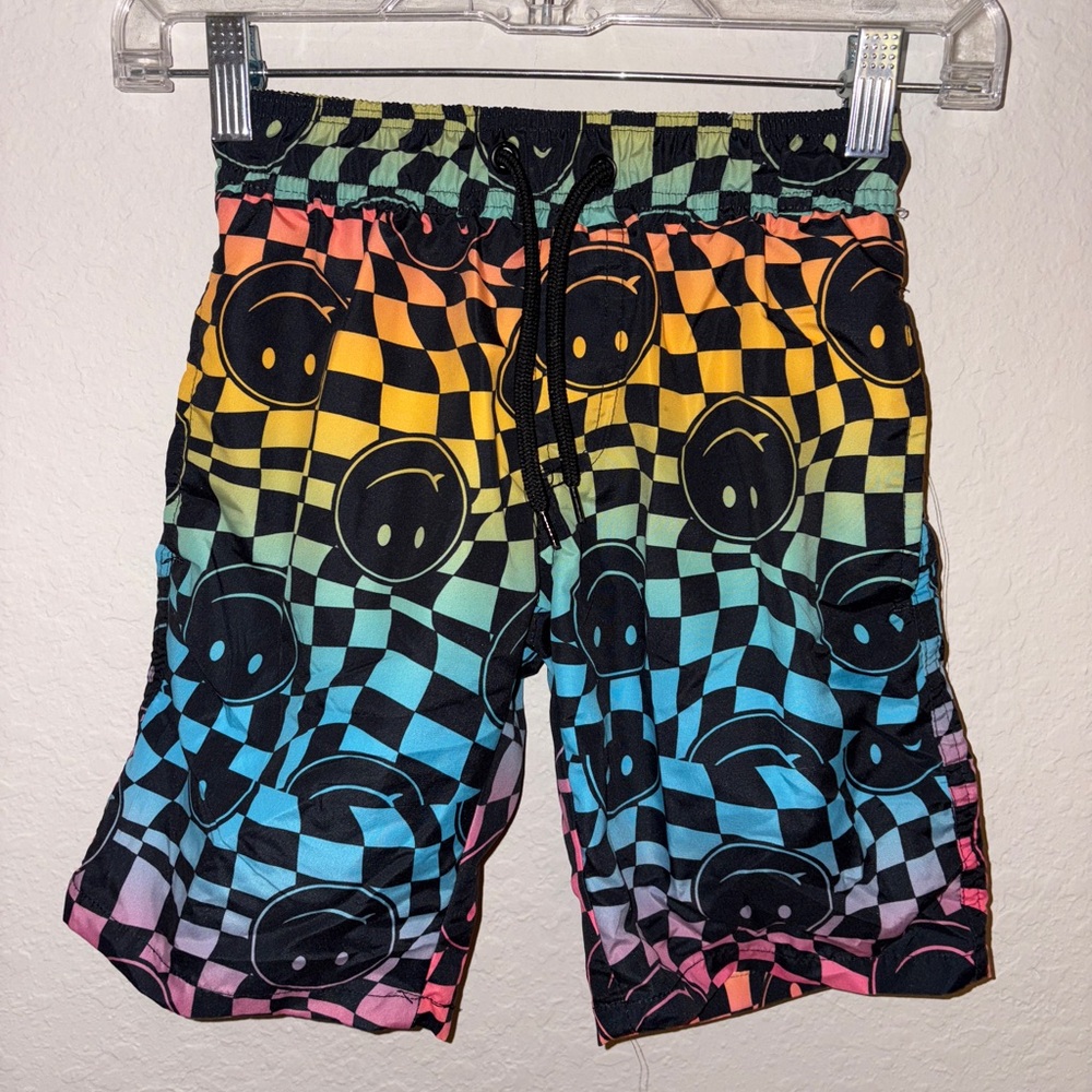 Youth 8 Black & Rainbow Checkered Smile Swim Shorts